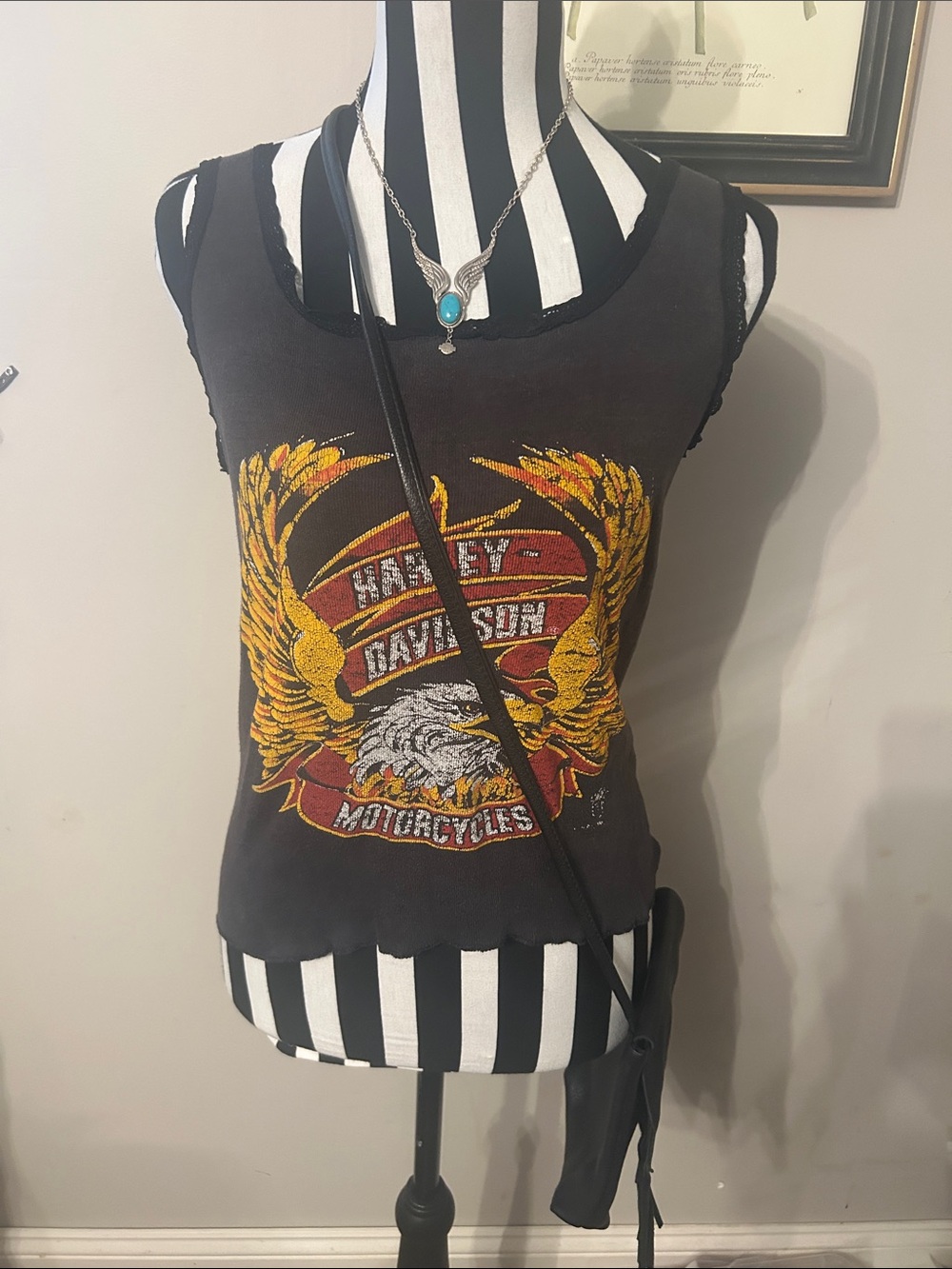 Vintage 91 Harley-Davidson Black Tank Top with Yellow and Red Eagle Graphic